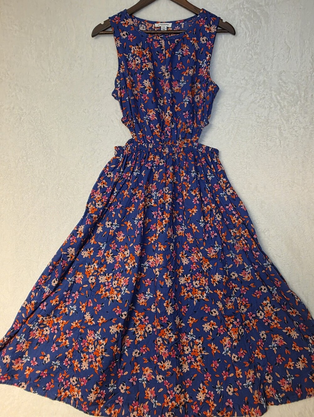 Navy Floral Scoop Neck Sleeveless Cotton Maxi Dress Cut Out Waist Detail Size MD